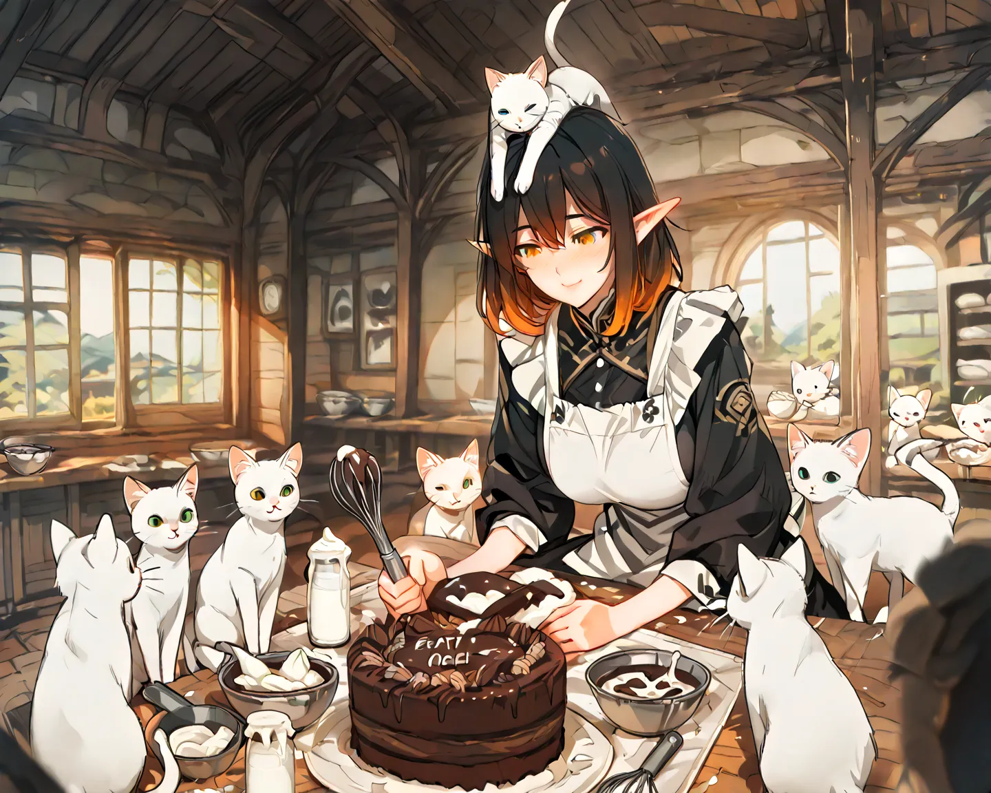 ( Premium , 걸작, absurdity) An innocent dark-haired elf makes chocolate cake,Eat cream with your fingers, April on the head, flours, bowl, milk bottle, Egg , whisk, flours 반죽, sunshine, big boobs , huge boobs  , happy expression ,  Sensual Lips , sunshine, ...