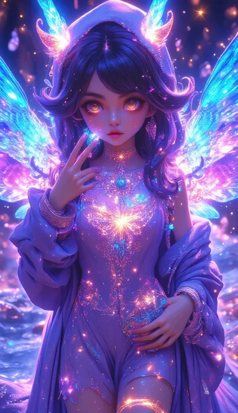 A girl in shiny patterns that glow with a beach, the girl has torn angelic wings glow with the glitter of God dressed in a torn rubber kigurumi Elf girl with freckles under her eyes in clothes made with a cut on the navel and on the legs and legs stockings...