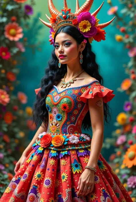 Give me a lot of ideas for a women's full costume inspired by Mexican Alebrijes from Oaxaca 