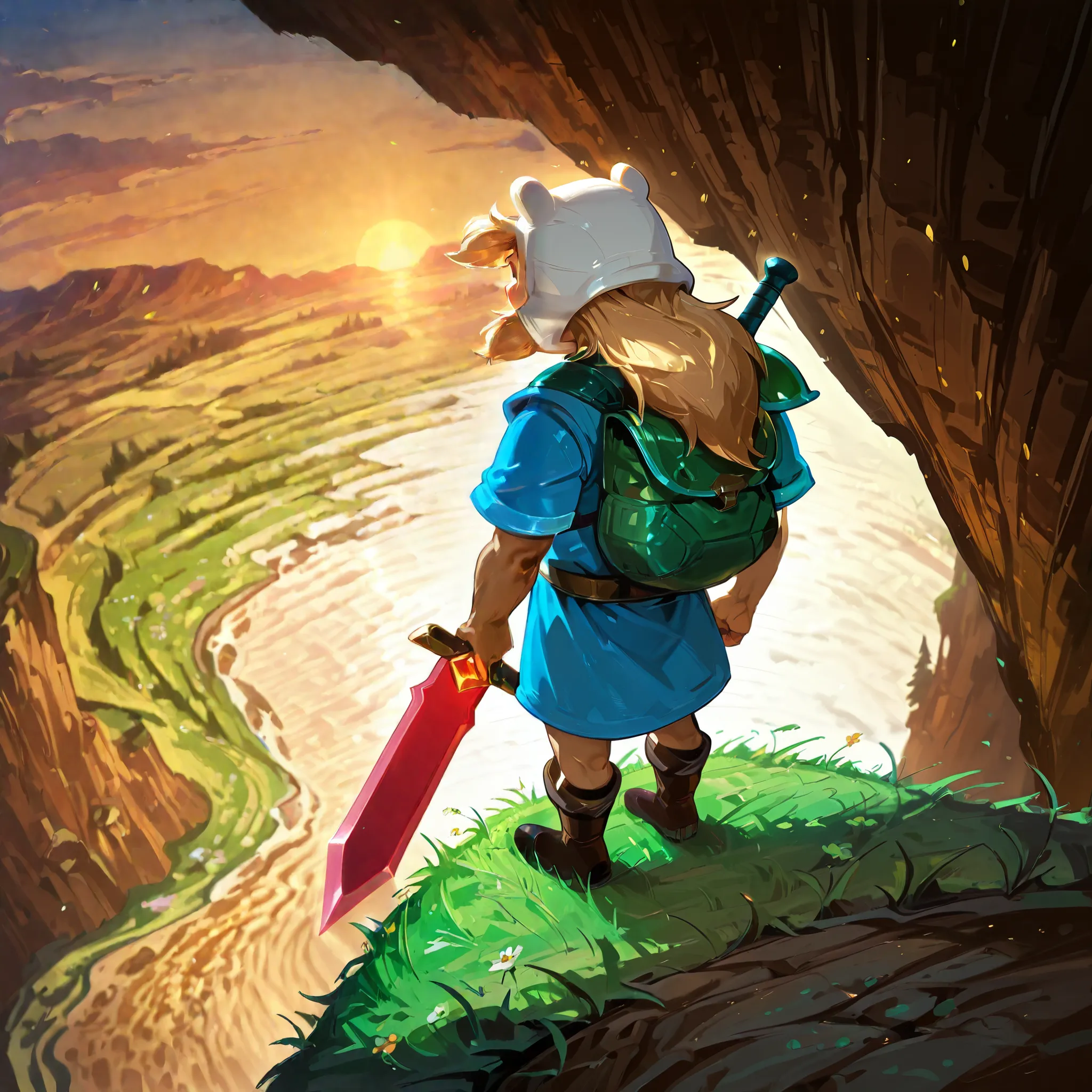 score_9, score_8_up, score_7_up, source_anime, best quality,  
Finn the Human, young male adventurer, blonde hair, blue tunic, green backpack, red sword,  
standing on a cliff edge overlooking a valley, holding a sword firmly with both hands, heroic expres...