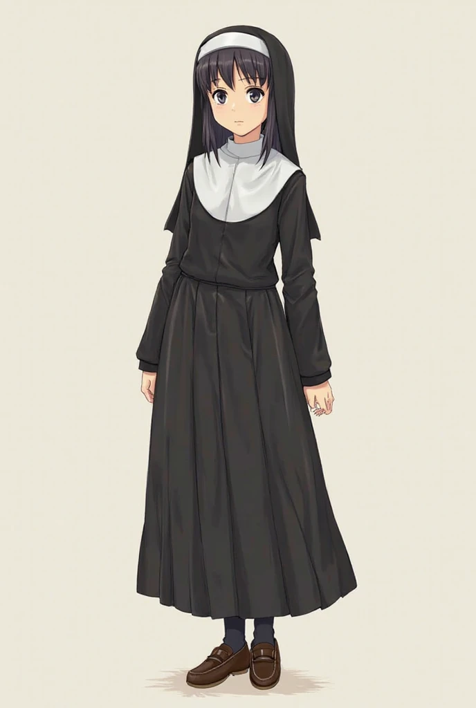 supply , 1 girl, Mizuki Yukikaze, hair band, piel oscura, tan, small breast,  Simple background , Alone ,  nun's uniform, , serafuku, white handkerchief,  Long Sleeves Leather,  pleated skirt ,  black skirt, medias negras altas, moccasins