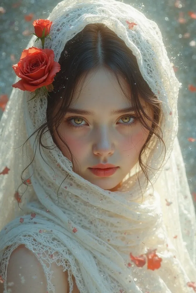 Brown-haired girl with white eyes and white scarf with rose