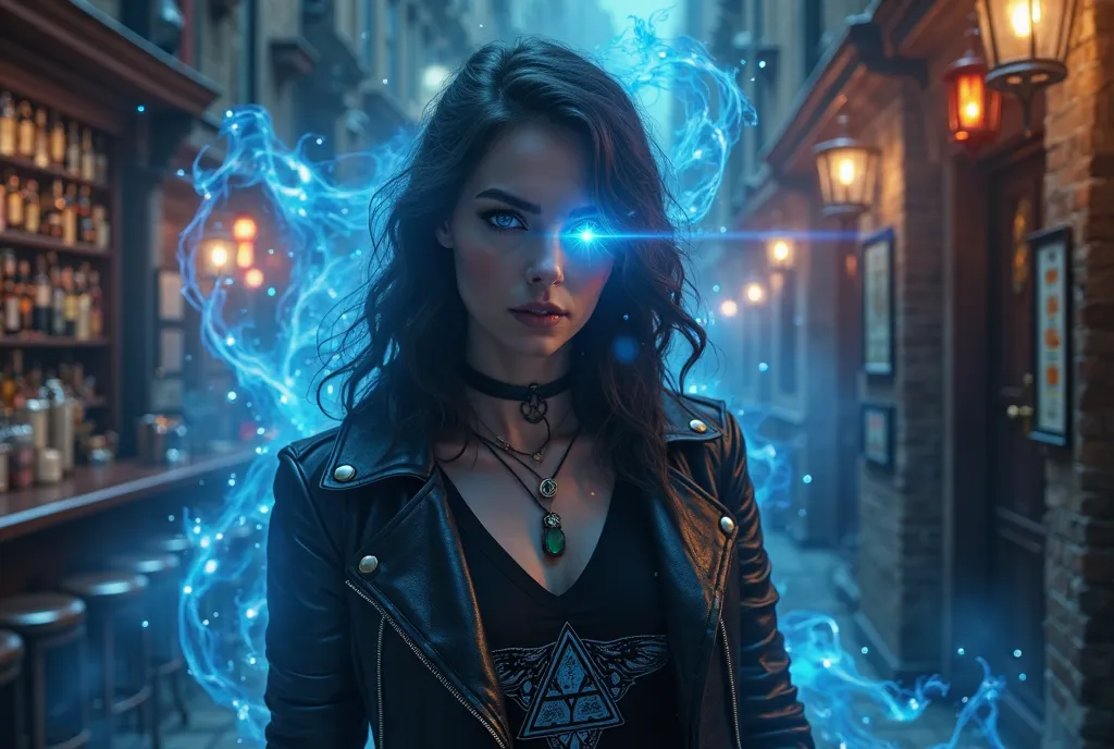  A beautiful sorceress with a piercing blue eye with filaments of blue magic flying around,  she is dressed in an elegant black leather jacket and a black t-shirt with the symbol of the triad, She's in a bar somewhere in the old city of London. Epic fantas...