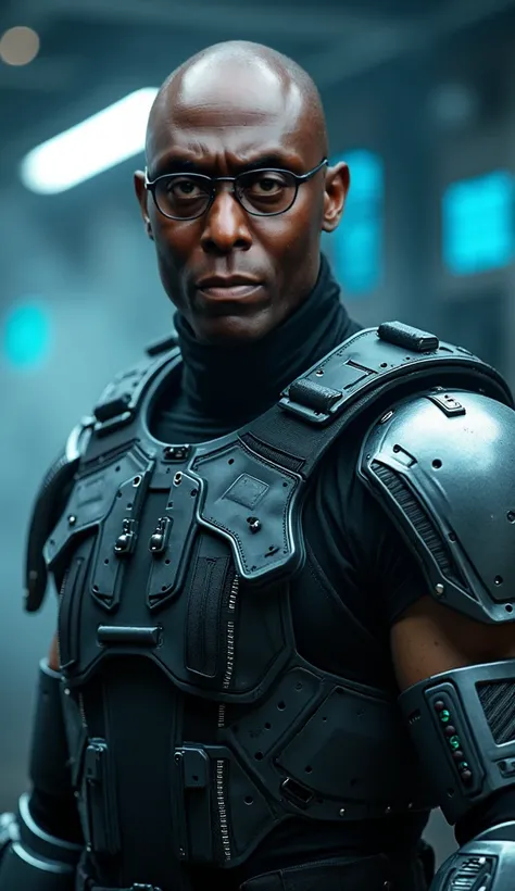  Here is a detailed prompt to generate an image  ** super realistic** do Lance Reddick como **Jax**, with shaved hair, focused on **upper body**, with brilliant mechanical arms and impactful details, and a realistic background:  

---  
**"Close-up hiper-r...