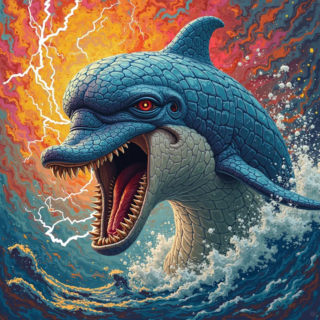 NFT 3D woodcut colorful wild dolphin full body 
 Angry giant shooting lightning through the mouth flashy