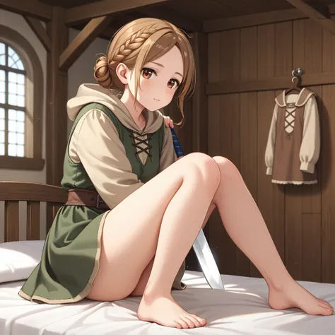 A stunning anime fantasy artwork of Mirien, a young woman with delicate features, sitting on the edge of a simple wooden bed in a medieval-fantasy setting.  
She has brown eyes and beautiful, straight brown hair with slanted bangs framing her round, delica...