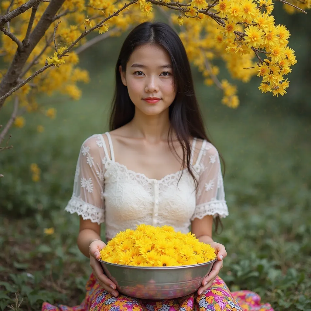 Create an image of " A young beautiful lady: slim body, medium
high, fair skin, round face, beautiful eyes, straight nose. long hair, Burmese thanakha paste on her checks. sits outdoors, holding a metal bowl filled with bright yellow flowers. She is wearin...