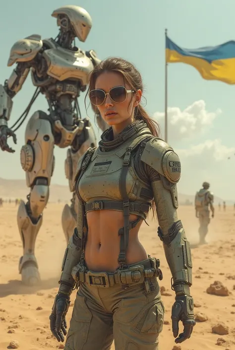 In a desolate, war-torn future, a lone female soldier stands resilient against the chaos, her tactical gear dusted by the desert winds. She wears sleek sunglasses that reflect the harsh sunlight, and her form-fitting uniform accentuates her striking presen...