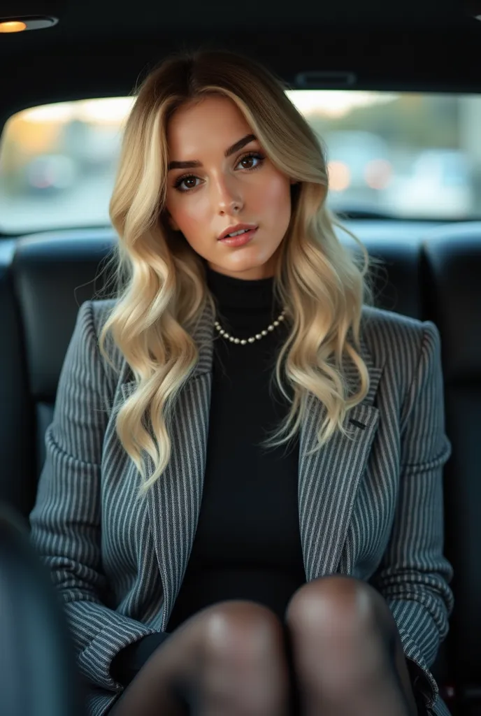 (realistic woman, Realistic photography) Glycia, A woman with brown eyes, LIGHT BLONDE, A rich woman sitting in her car, Backseat of the car, a large gray jacket with stripes, rich in shape, with black stockings, she wears high heels. she exudes serenity a...