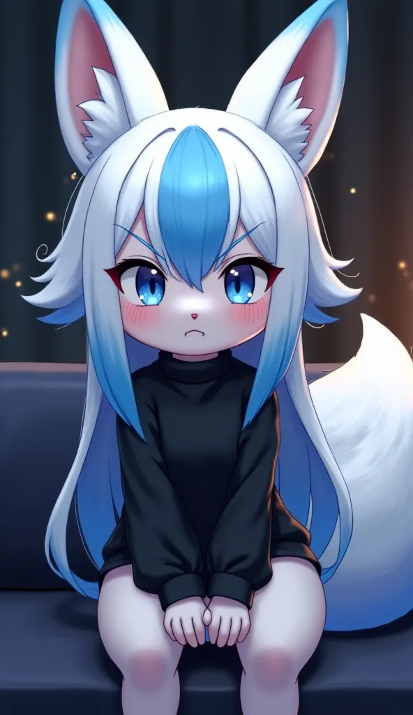 masterpiece, best quality, nervous expression, 1 boy, anthropomorphic, furry,light blue fur, fluffy fur, fox boy, hairy,light blue rabbit ears long, animal black nose, pretty eyes, light blue eyes, fox tail,(((white hair with light blue streaks))), long ha...