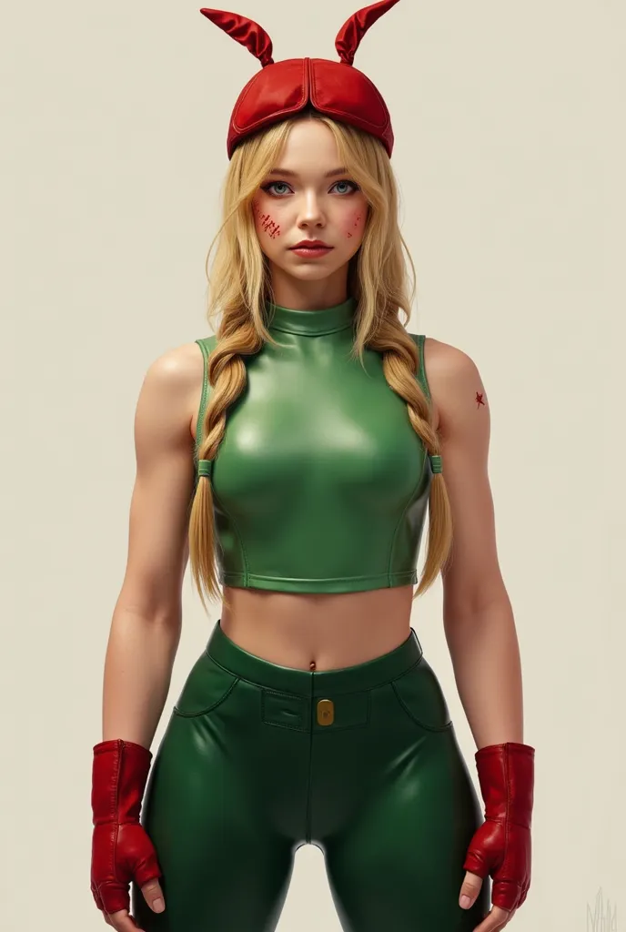 Emma myers, ((best quality)), ((masterpiece)), ((realistic)), (detailed)
 , narrow waist,  Slim waist, shiny latex ,  
1girl,   shiny latex black pants,   
 , open eyes, big eyes,  fingerless_gloves,  
cammy white, twin braids, long hair, blonde hair, ante...