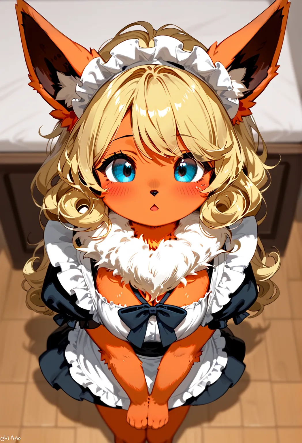 alone, score_9,score_8_above,score_7_above, a female antro flareon, calvo, blue sclera, white eyes, with maid outfit, inside, shy pose, perfect fingers, perfect hands, perfect eyes, in awe, pretty cute, toe beans, paw beans, fluffy fur, cute, beautiful lon...