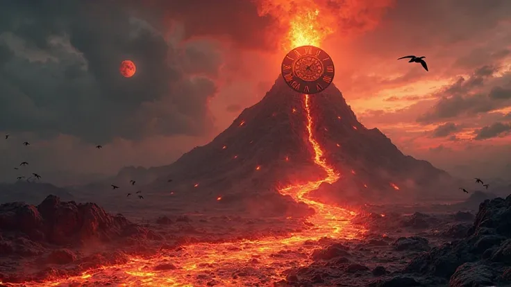 A towering volcano, with fiery red lava flowing from its peak, creating a glowing river of lava across the dark rocky landscape. At the top of the volcano, there is a large clock with Roman numerals, glowing in intense orange light, as if merging with the ...