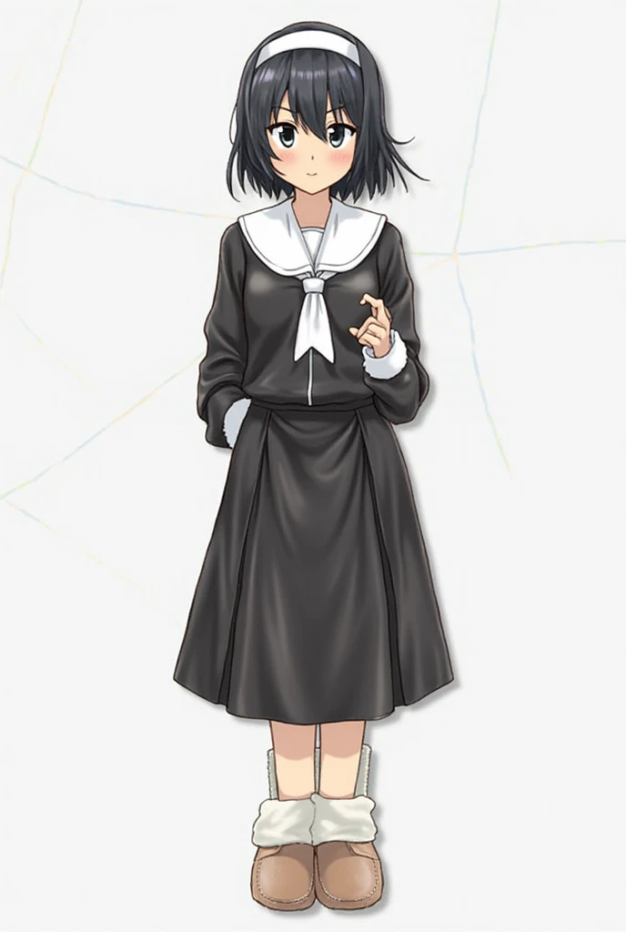 supply , 1 dark-skinned girl, Mizuki Yukikaze, short hair,black hair, short hair, piel oscura, tan, small breast,  Simple background , Alone ,  nun's uniform, , serafuku, white handkerchief,  Long Sleeves Leather,  pleated skirt ,  black skirt, medias negr...