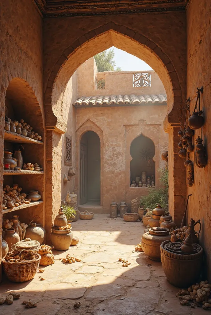 The shady atmosphere of an old Arabic house, where small provisions like bread and dates are kept.