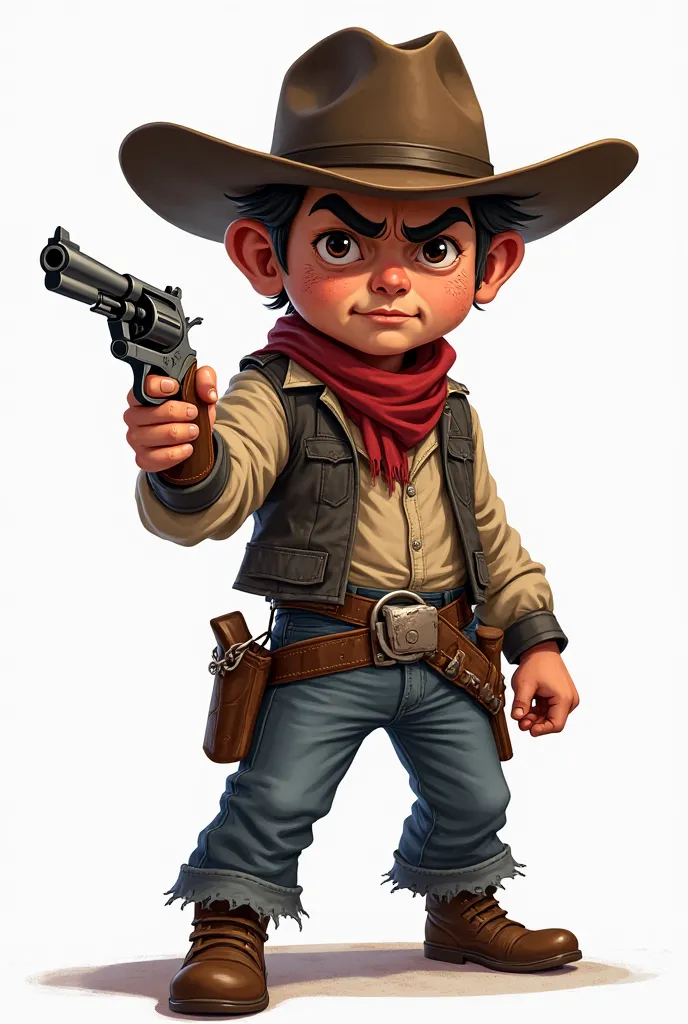 Wild West Pistoleito, carrying a revolver in one hand in the form of a drawing on a white background