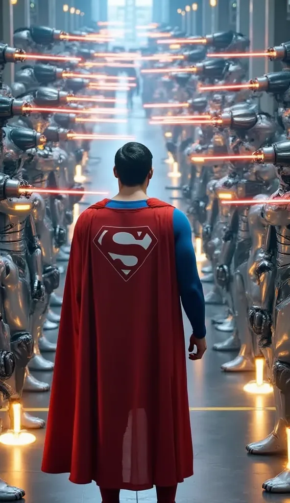 A group of robots surrounded by Superman，Launching lasers at Superman Attacks，with Steel Torso
