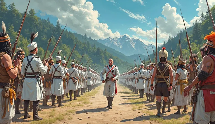 create a Japanese anime-style image of a Spanish army wearing white uniforms, Fought with cannons and muskets against Native Americans, with a drawing style similar to the One Punch Man anime.
