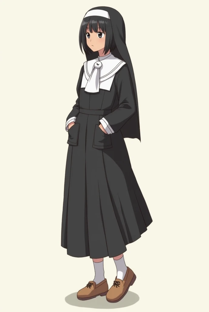 supply , 1 dark-skinned girl, Mizuki Yukikaze, short hair,black hair, short hair, piel oscura, tan, small breast,  Simple background , Alone ,  nun's uniform, , serafuku, white handkerchief,  Long Sleeves Leather,  pleated skirt ,  black skirt, medias negr...