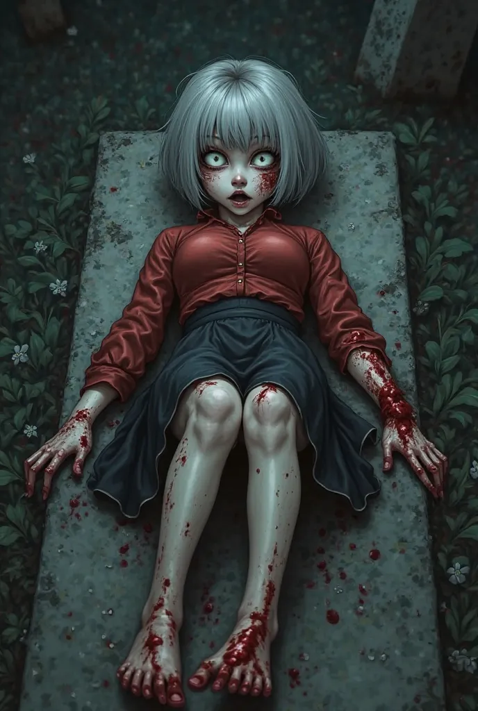 1 girl, short hair, gray hair, deep wound on head, body full of wounds, deep wounds on feet and bloody hands, ((bones visible in feet)), ((bones visible in hands)), pale skin, white eyes, open mouth, large breasts, terrified expression, red blouse, black s...