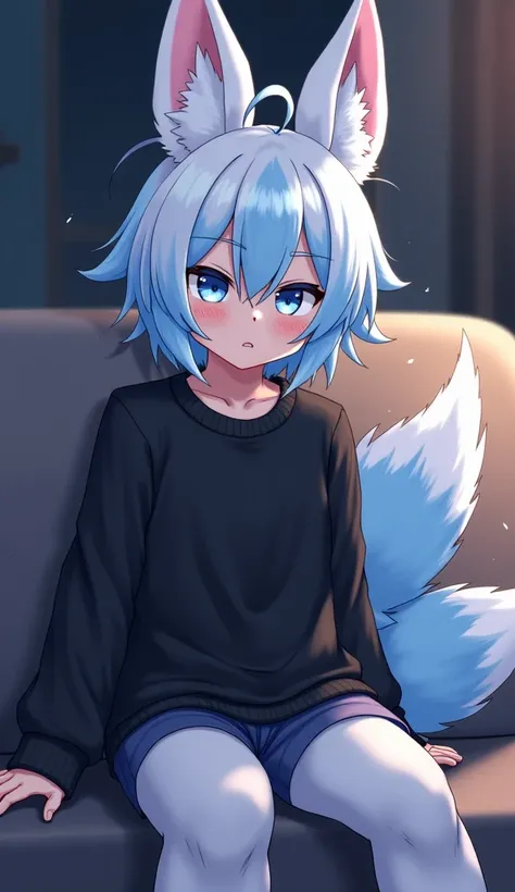 masterpiece, best quality, nervous expression, 1 boy, anthropomorphic, furry,light blue fur, fluffy fur, fox boy, hairy,light blue rabbit ears long, animal black nose, pretty eyes, light blue eyes, fox tail,(((white hair with light blue streaks))),short ha...