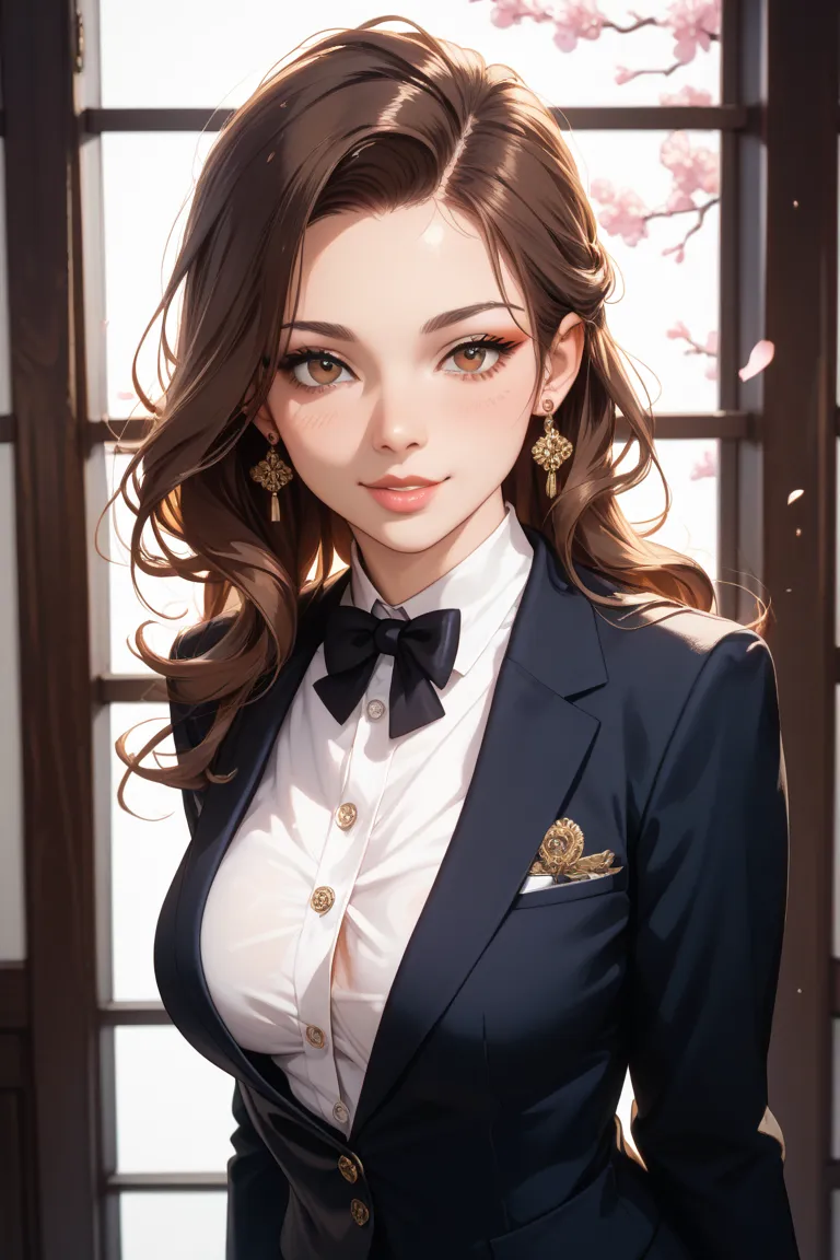 35 year old Japanese female, beautiful, has ren but can work. Would like to be entrusted with work. Brown hair, semi-long. Not animated. Realistic photo. Soft impression. Wears a suit. Non-sexual impression. Breasts are not exaggerated.