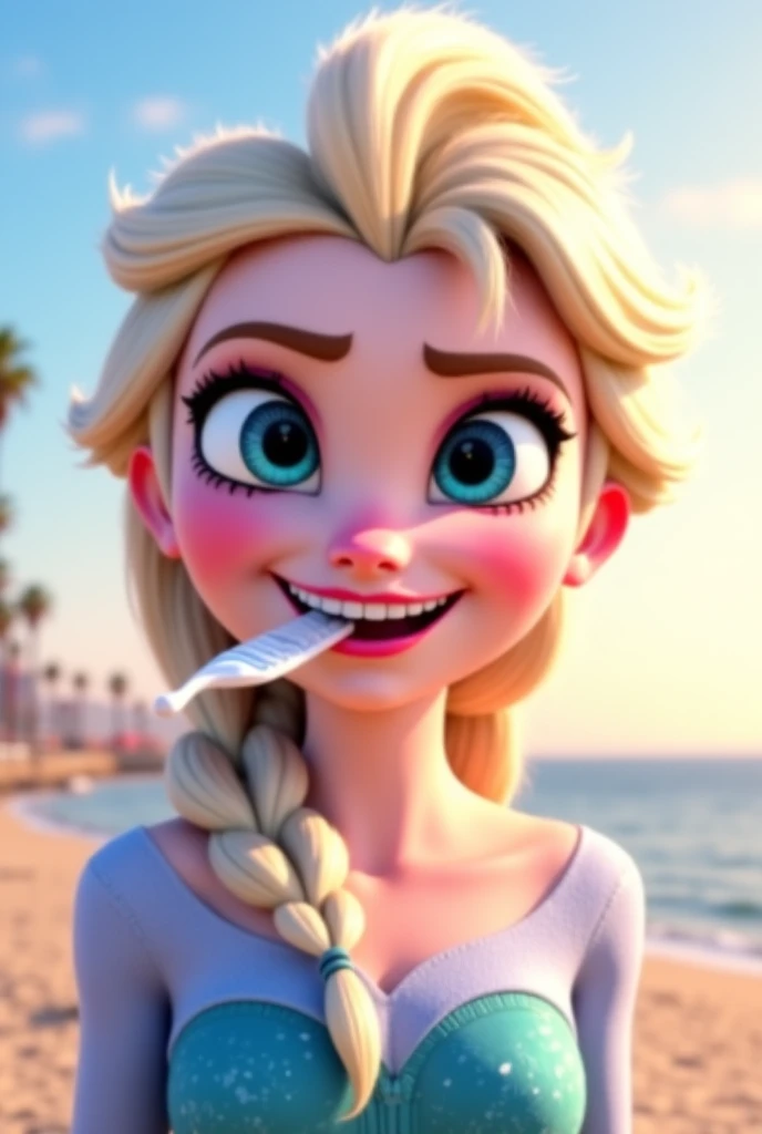 Tip: A very lovely Elsa from FROZEN being happy alone in Downtown San Diego in the sun… The illustration is a high definition illustration with 4k resolution., with highly detailed facial features and cartoon style visuals, close up of Elsa’s face with an ...