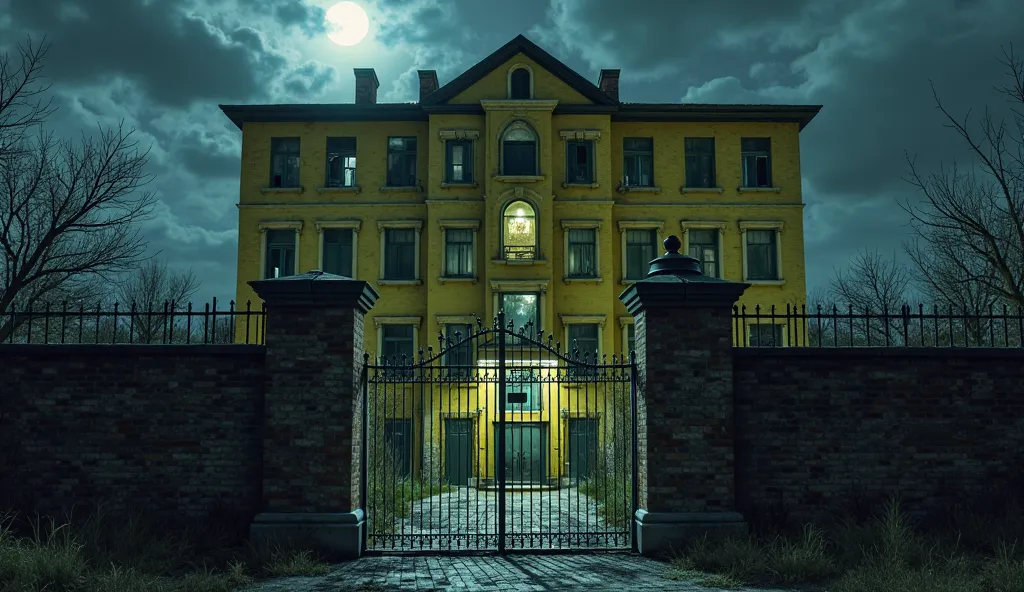 A night scene with an abandoned yellow brick five-storey hospital with no lights and frosted glass doors. A high brick wall with a heavy security gate topped with spikes is in the foreground