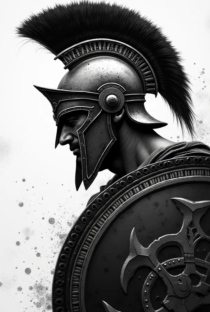 drawing in black and white and half of a Roman gladiator with helmet and shield left profile