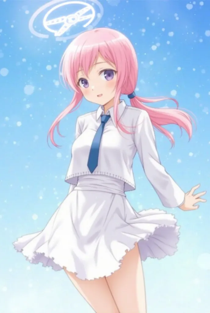 1girl, takanashi hoshino, white clothes, blue necktie, halo, pink long hair, low twintails, clothes unbuttoned, her clothes barely covering her chest, biggest chest, blue sky, her clothes blowed to side, without her brazier, wearing short skirt, (spoken he...