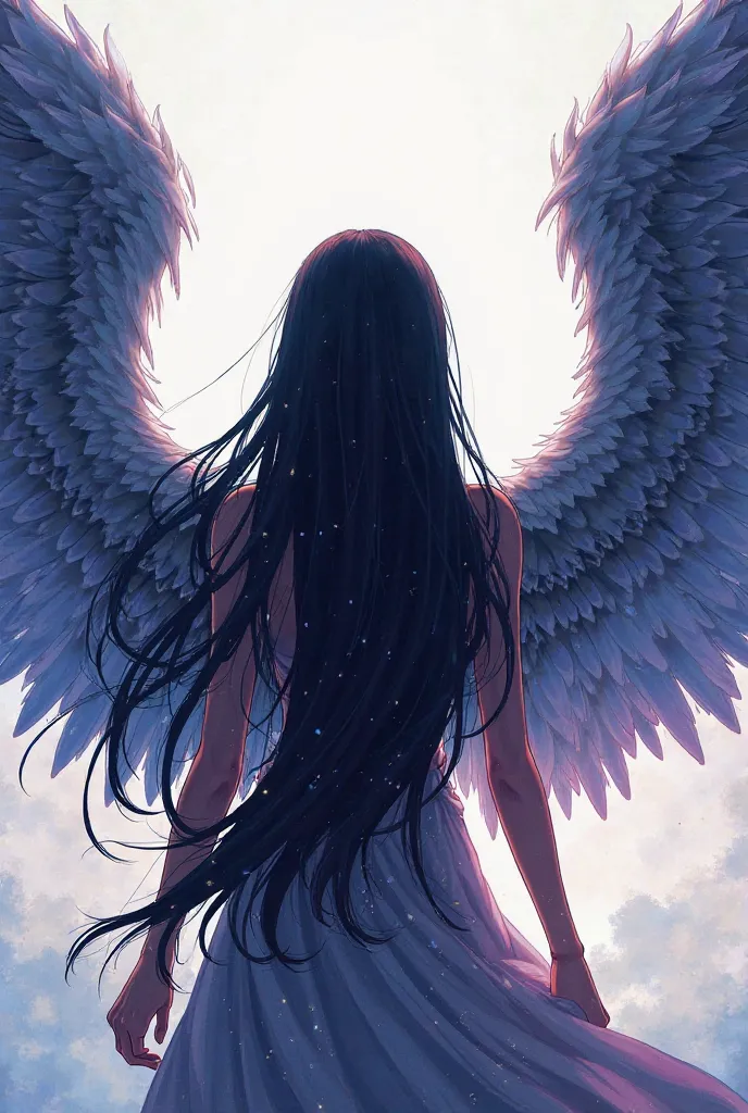 One-piece style panel on the back Girl with her back with black hair and wings on her back