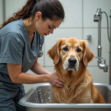 Image of a grooming professional performing the bath on a Golden Retrivier dog