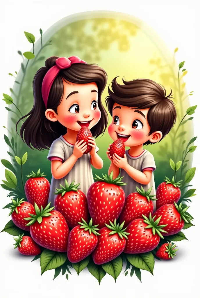 Create a strawberry logo with strawberries of a girl with a boy eating strawberries with cream 
