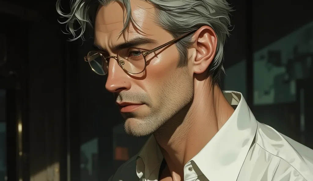 masterpiece  a 30 years old man with grey hair  , wears glasses, white shirt   8k quality, they lips are closed to each other 