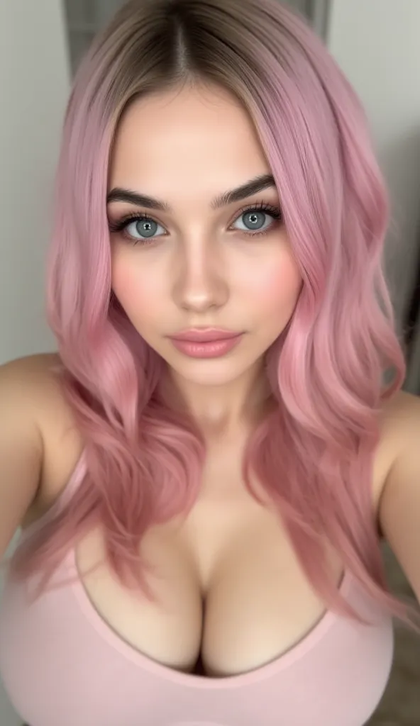 pastel pink hair, 20 years old,big boobs,blue eyes,Selfie Frontal