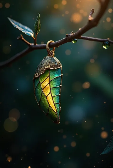 A highly detailed, close-up photograph of a metallic chrysalis hanging from a slender tree branch. The chrysalis has a smooth, reflective surface in deep emerald green and rich teal hues, accented with fine golden details that shimmer subtly. Delicate, nat...