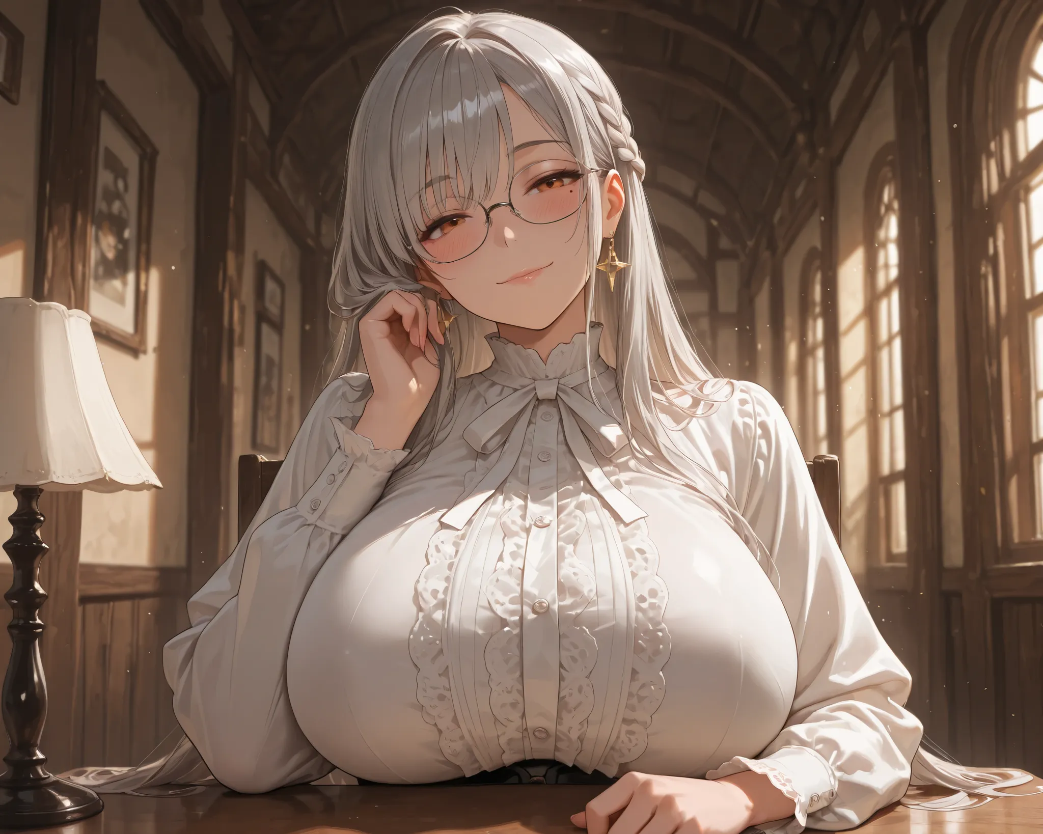 ((solo)), mature female, curvy beauty, upper body, ((grayhair with silver hair ends)), braid hair, long hair, straight hair, glasses, orange eyes, half closed eyes, mole under eye, head tilt, blush, Full of compassion smile, huge breasts, star earring, lon...