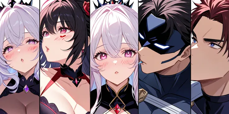 ⛪ Kissing battle between male hero and princess
♥️♥️♥️♥️♥️♥️♥️♥️♥️♥️♥️
Hero😍 face covered in kiss marks
Princess😚 wants to suck the hero to death
Best wishes

Kissing, heterosexual, cleavage, side view, princess's expression