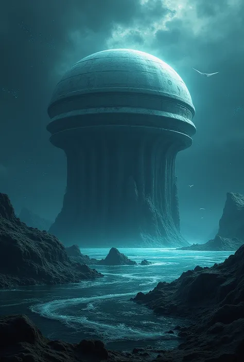 Make an image where there is a 3-story dome in the ocean of the satellite Europa