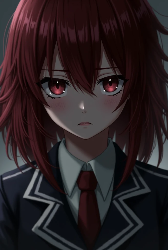 a young girl, with dark circles,  dark red hair, wearing a Jujutsu Kaisen uniform