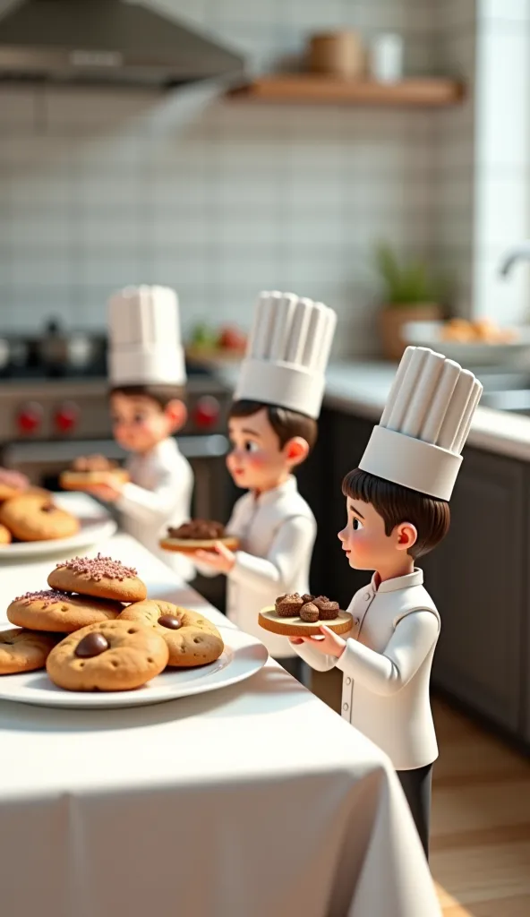 Some miniature chefs tasting or carrying cookies to the serving table.