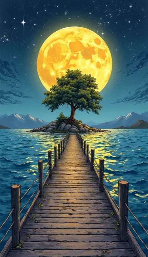  colorful sketch , 4k drawing, masterpiece, boobs, Front view of a pier, In the background an island with a big tree, Huge yellow moon behind the island, Sky star, dark night, depth of field,  image fill , reflected light, 