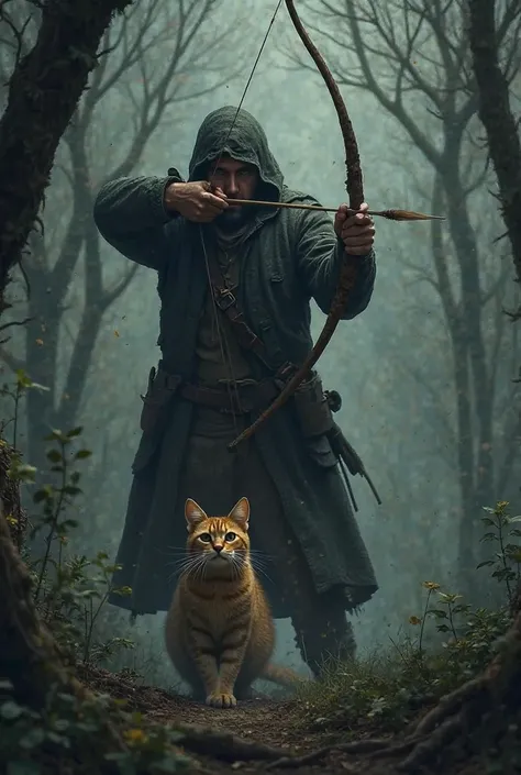 A shadow moves behind the trees. A hunter, wearing a dark coat and carrying a bow, watches cat Whiskers closely. He smirks and slowly raises his bow, preparing to aim at the innocent cat.