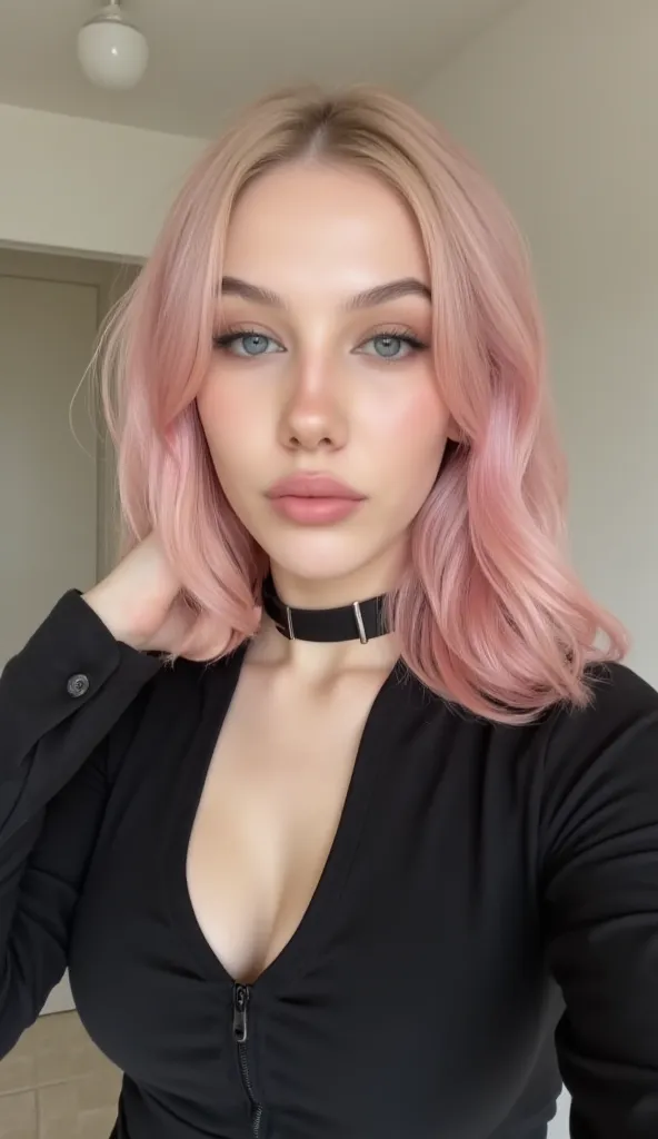 20 year old pastel pink hair,big boobs,blue eyes,Selfie Frontal, with a black blouse with a collar and long sleeves