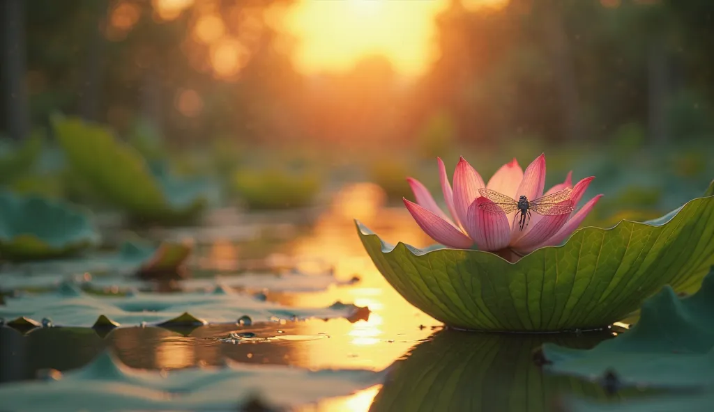 evening，sunset，country pond，lotus，lotus leaf，A dragonfly on a lotus bud，ripple，Real light and shadow effects，8k， super fine，Rich Details，masterpiece