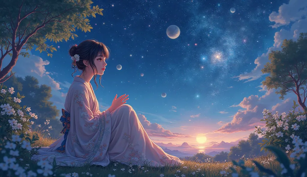 Anime woman drawing outside at night with the stars and planets showing. 