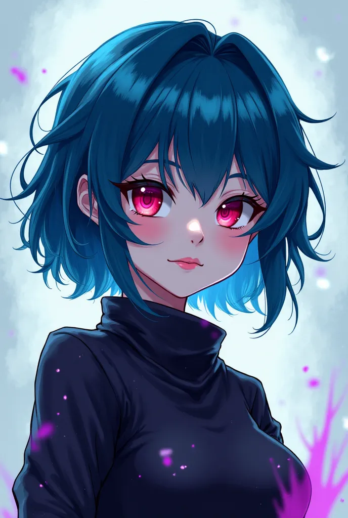  girl with medium length blue hair and reddish magenda eyes. Her hairstyle is a shaggy, layered cut with uneven, choppy ends for a textured look. The bangs are blunt yet slightly messy, falling over the forehead in an unstructured, edgy style. The overall ...