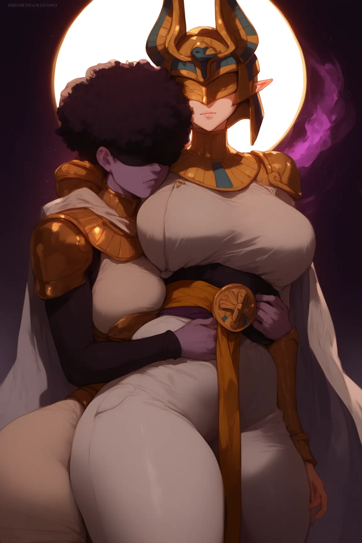 purple skinned mature Woman, white afro-descendant hair cut on the sides, golden lines on the face,white and golden armor, pointy ear,  anime style,rpg style ,emitting a purple aura,Egyptian style,white cape, white clothes with gold details, white pants, g...