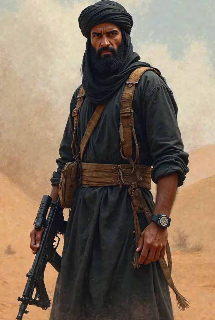 Jihadi fighter,The character of a bearded Arab man,wearing a black dress and a turban,Firearm holder,Serious and determined facial expression,Intrusive combat situation,خلفية Desert combat scene,Air of war and battle,Subtle lighting with sharp shadows,High...