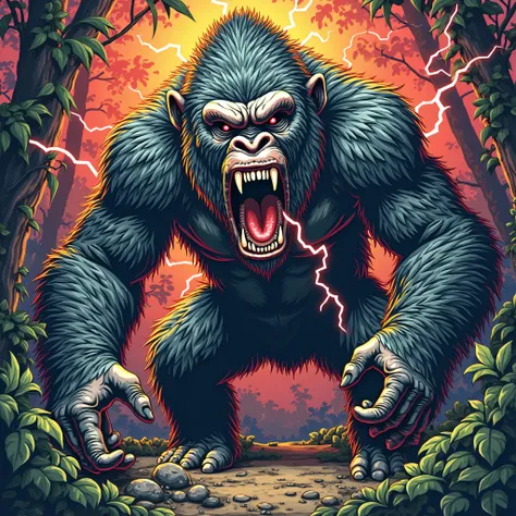 NFT 3D woodcut colorful wild elderly gorilla full body 
 Angry giant shooting lightning through the mouth flashy